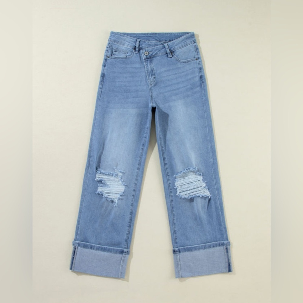 Blue Cuffed Distressed Women Jeans - Picture 3 of 7